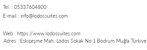 Lodos Suites telefon numaralar, faks, e-mail, posta adresi ve iletiim bilgileri
